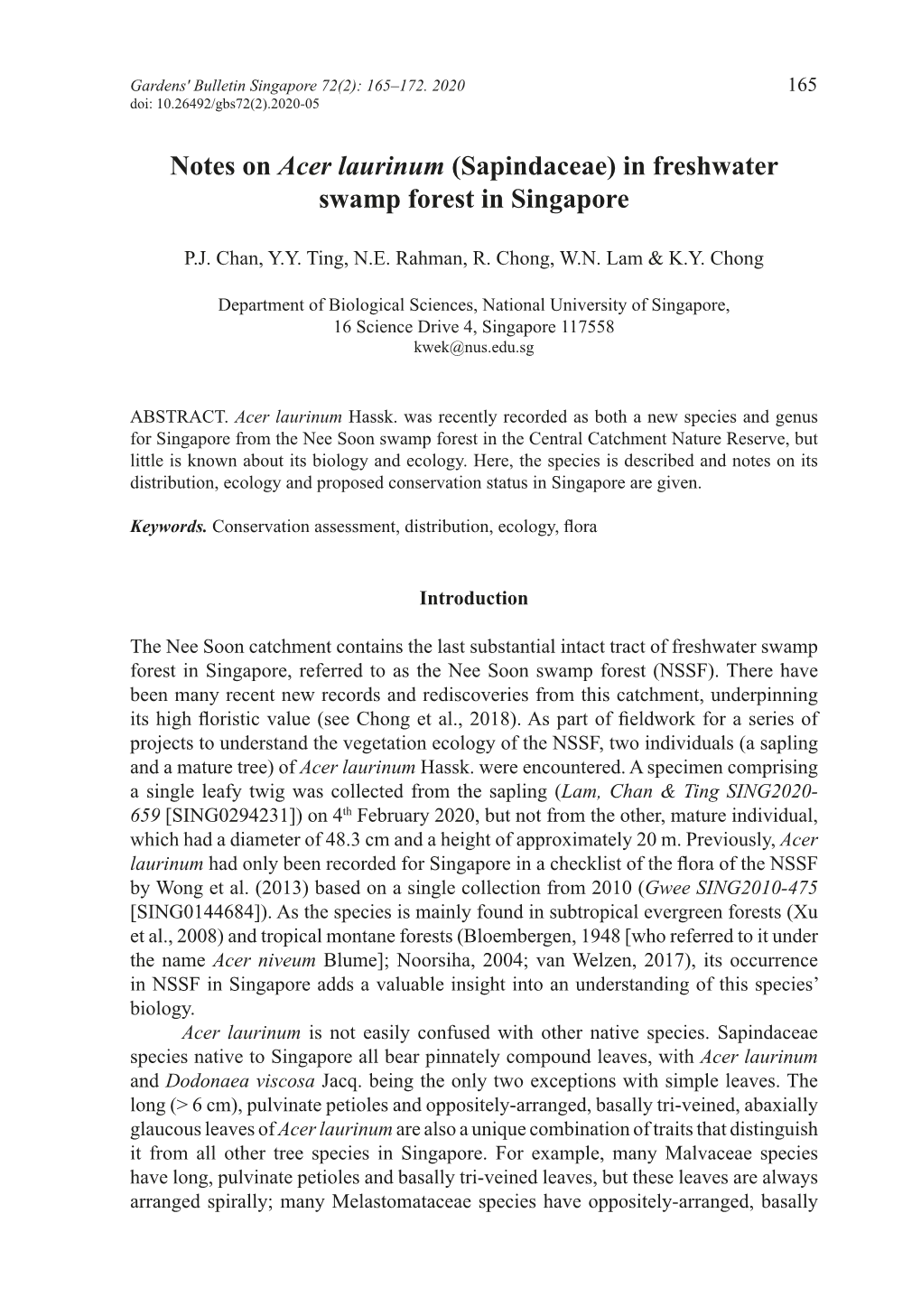 Notes on Acer Laurinum (Sapindaceae) in Freshwater Swamp Forest in Singapore