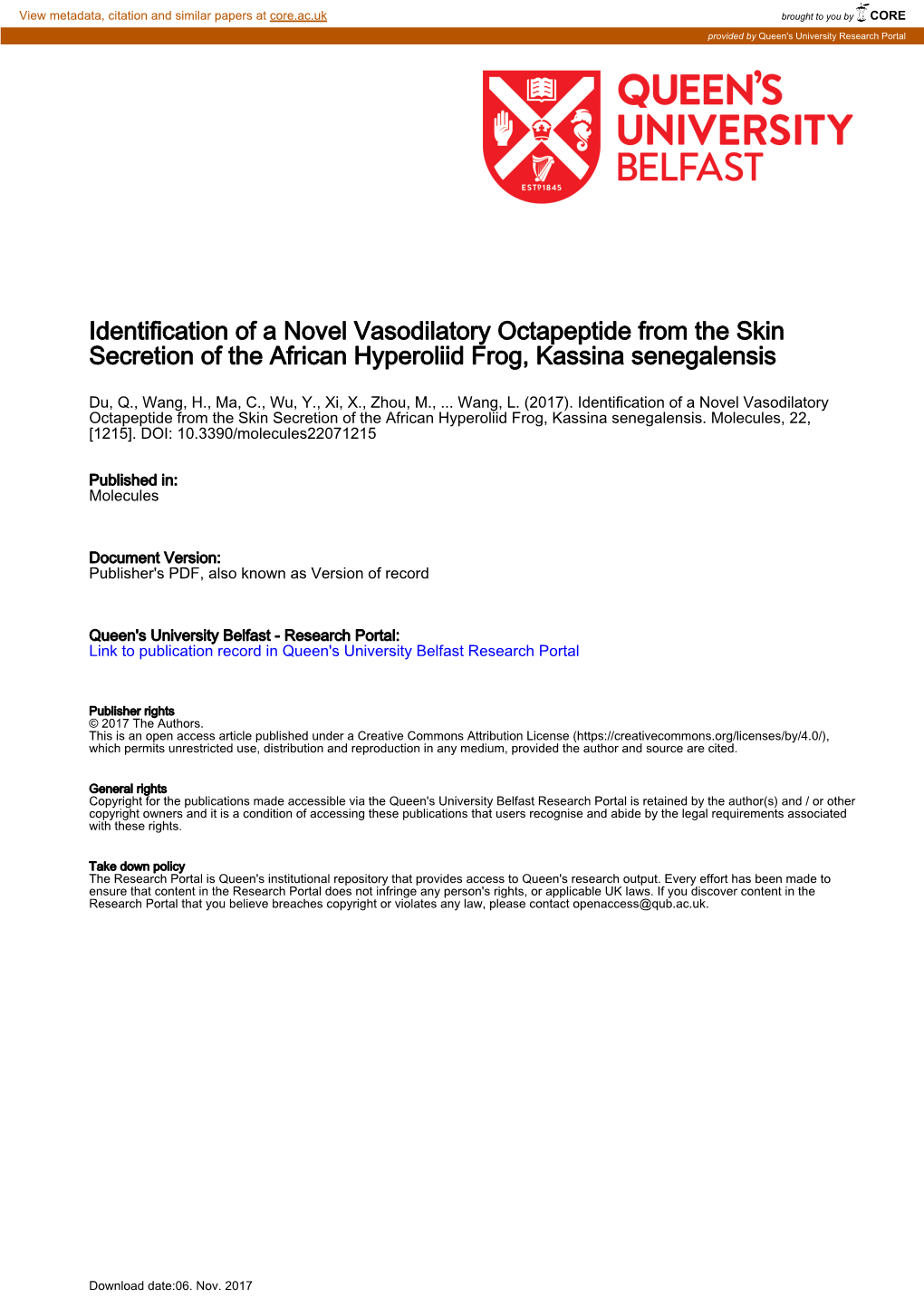 Identification of a Novel Vasodilatory Octapeptide from the Skin Secretion of the African Hyperoliid Frog, Kassina Senegalensis