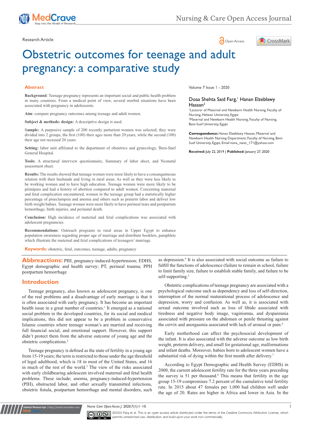 Obstetric Outcomes for Teenage and Adult Pregnancy: a Comparative Study