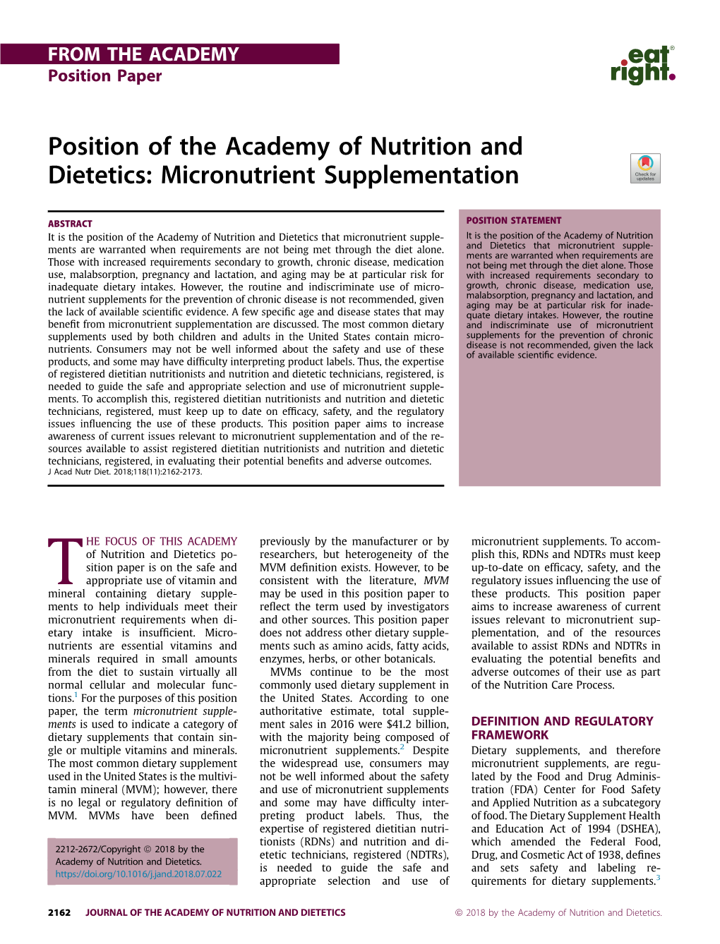 Position of the Academy of Nutrition and Dietetics: Micronutrient Supplementation