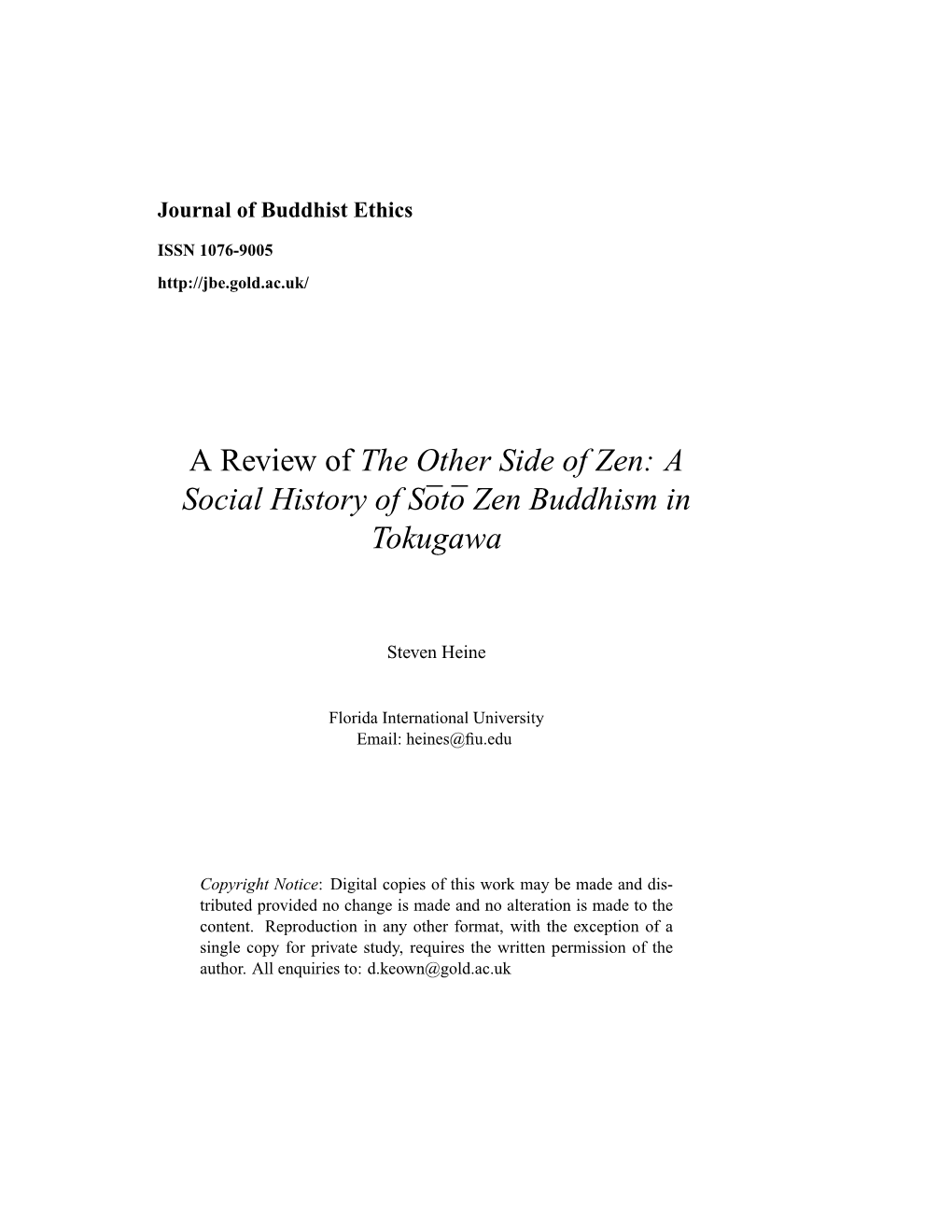 A Review of the Other Side of Zen: a Social History of S¯Ot¯O Zen Buddhism in Tokugawa