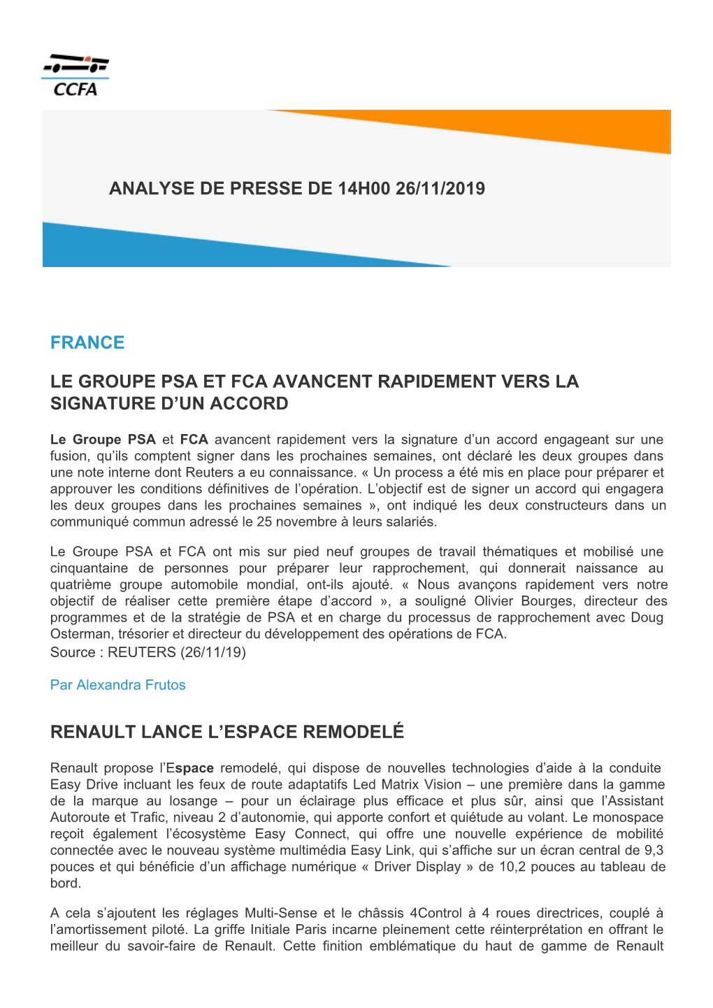 France Le Groupe Psa Et Fca Avancent Rapidement Vers