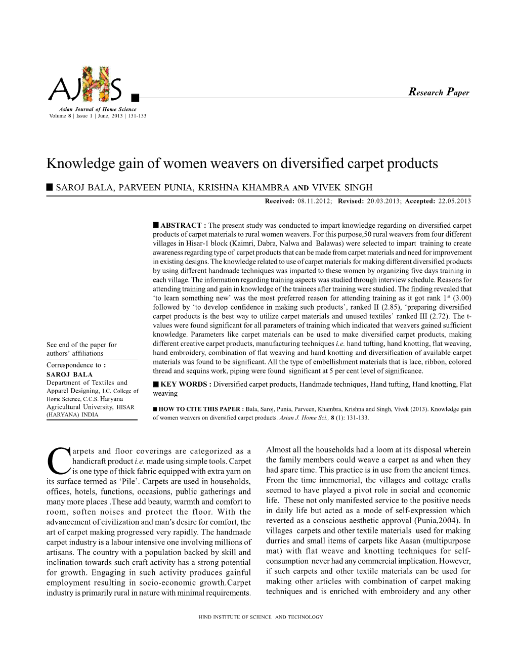 AJ S Research Paper Asian Journal of Home Science Volume 8 | Issue 1 | June, 2013 | 131-133