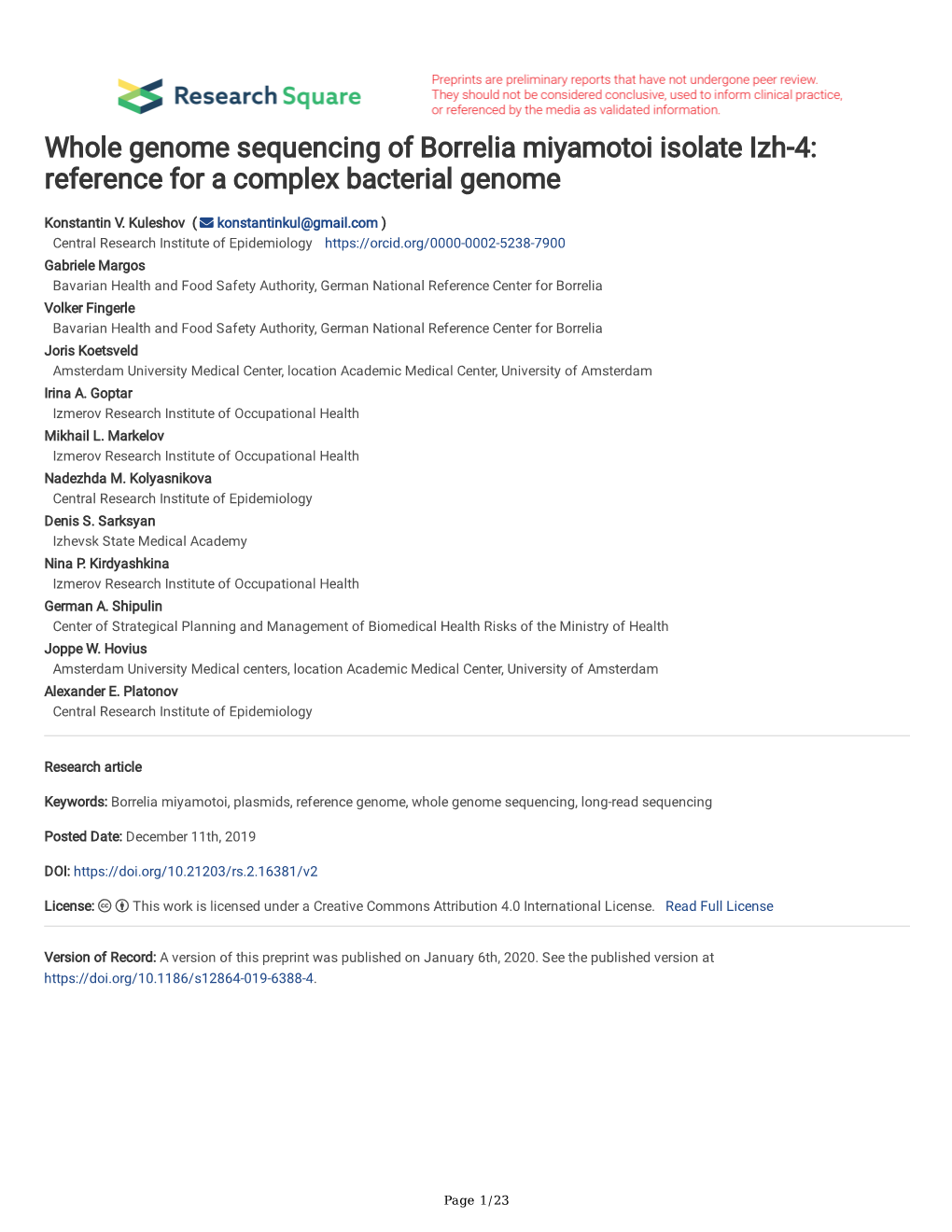 Whole Genome Sequencing of Borrelia Miyamotoi Isolate Izh-4: Reference for a Complex Bacterial Genome