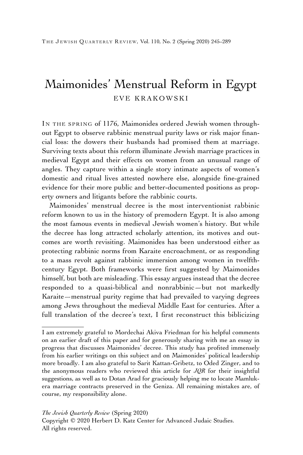 Maimonides' Menstrual Reform in Egypt