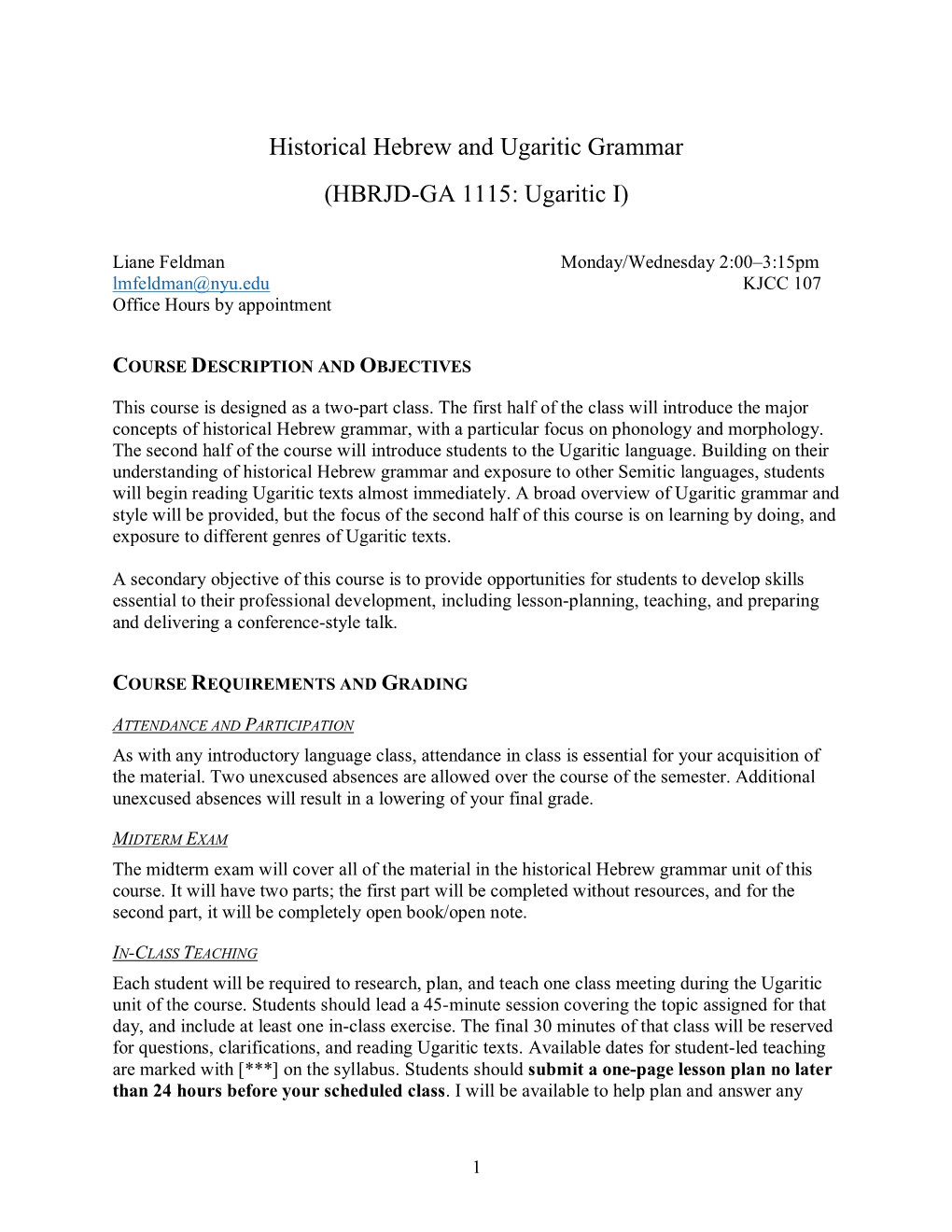 Historical Hebrew and Ugaritic Grammar (HBRJD-GA 1115: Ugaritic I)