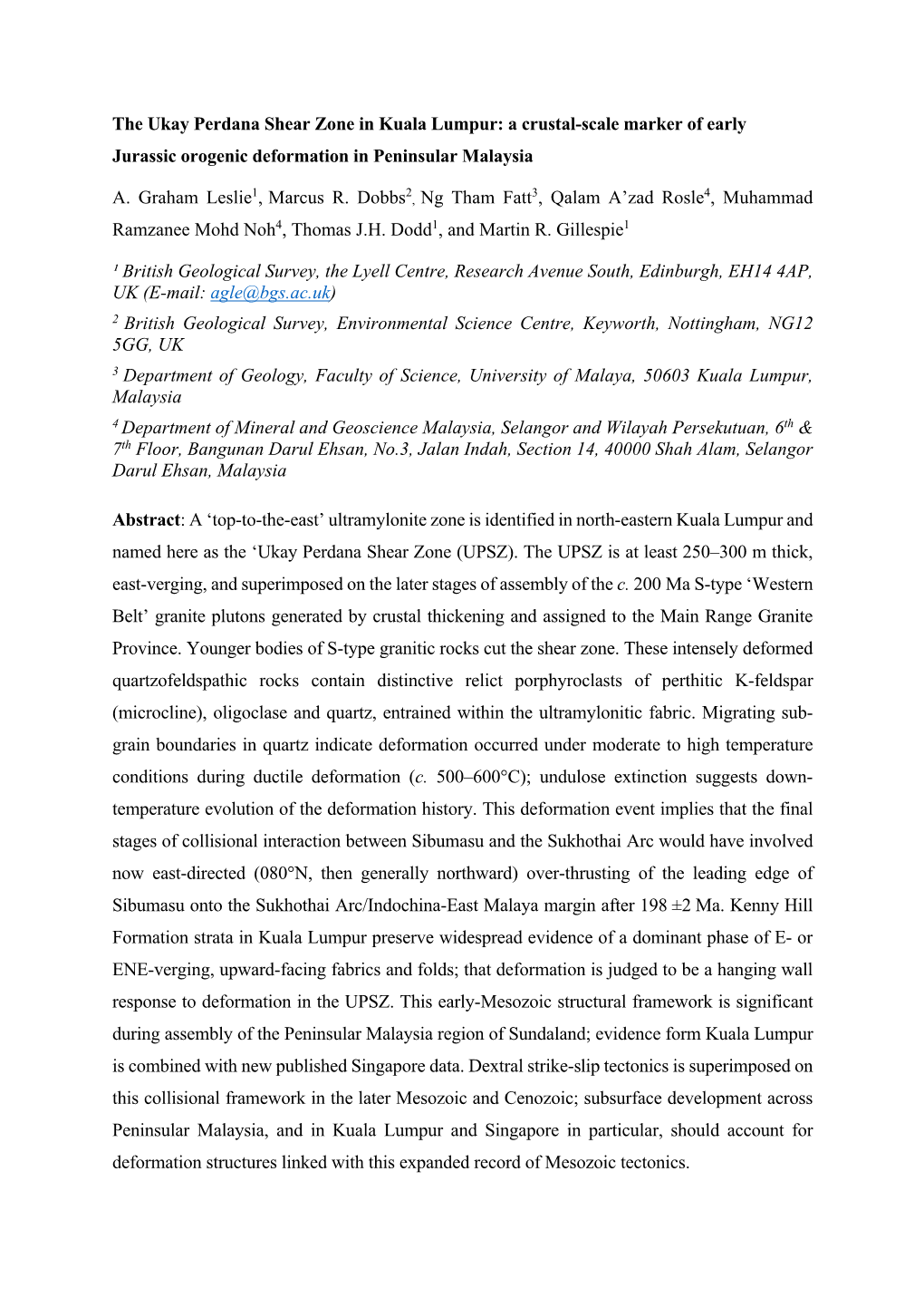 The Ukay Perdana Shear Zone in Kuala Lumpur: a Crustal-Scale Marker of Early Jurassic Orogenic Deformation in Peninsular Malaysia