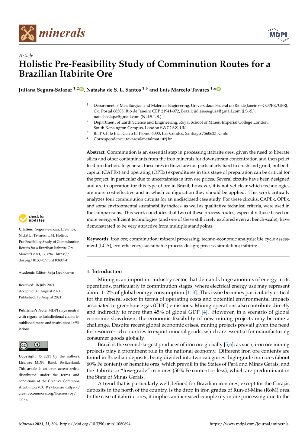 Holistic Pre-Feasibility Study of Comminution Routes for a Brazilian Itabirite Ore