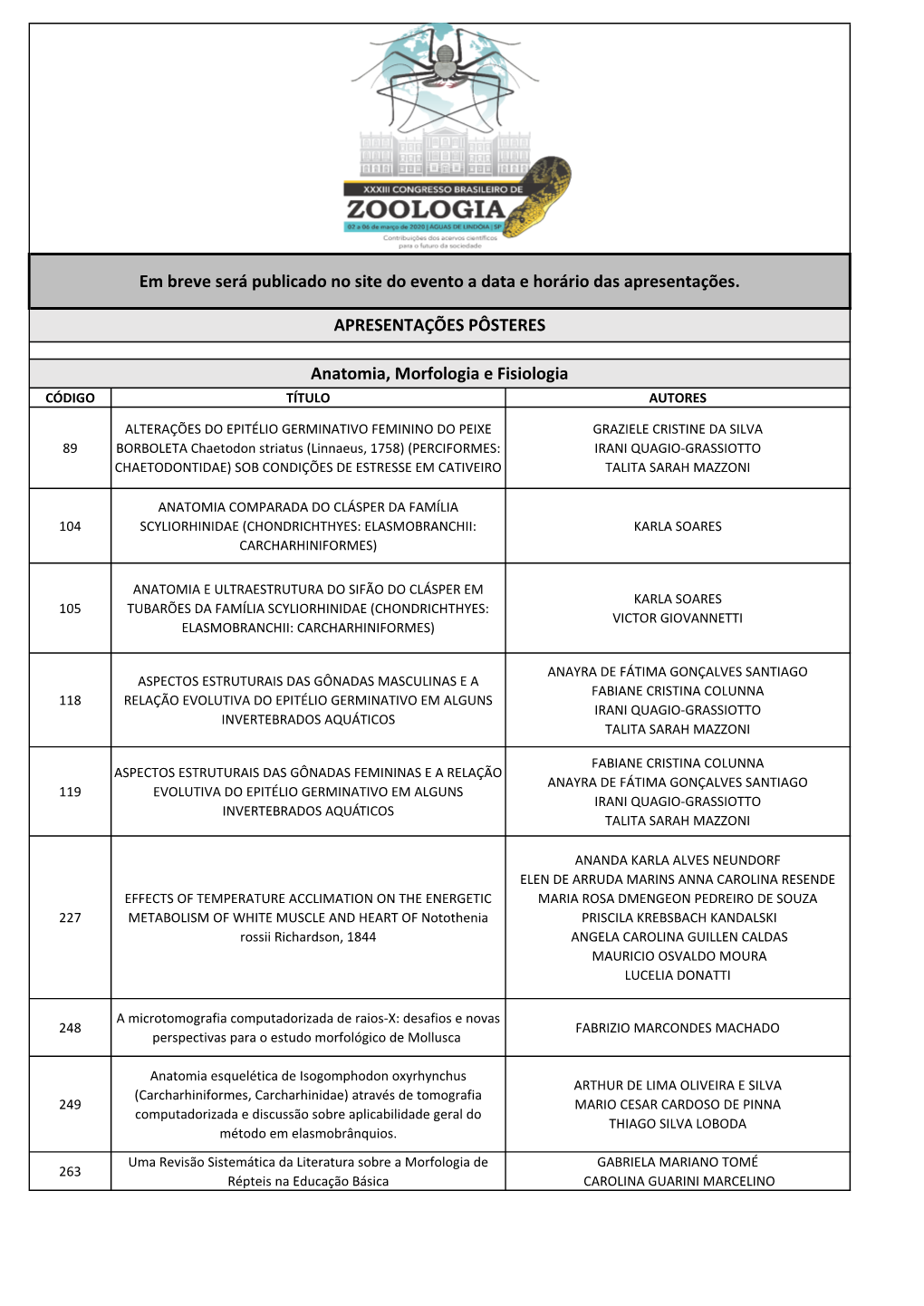 Em Breve Será Publicado No Site Do Evento a Data E Horário Das Apresentações. Anatomia, Morfologia E Fisiologia APRESENTAÇ