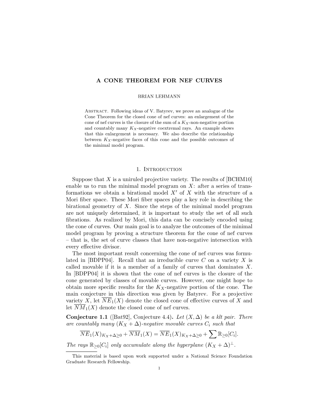 A CONE THEOREM for NEF CURVES 1. Introduction Suppose