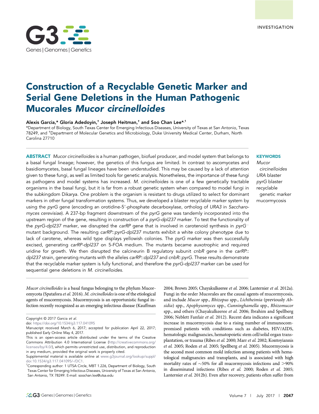 Construction of a Recyclable Genetic Marker and Serial Gene Deletions in the Human Pathogenic Mucorales Mucor Circinelloides