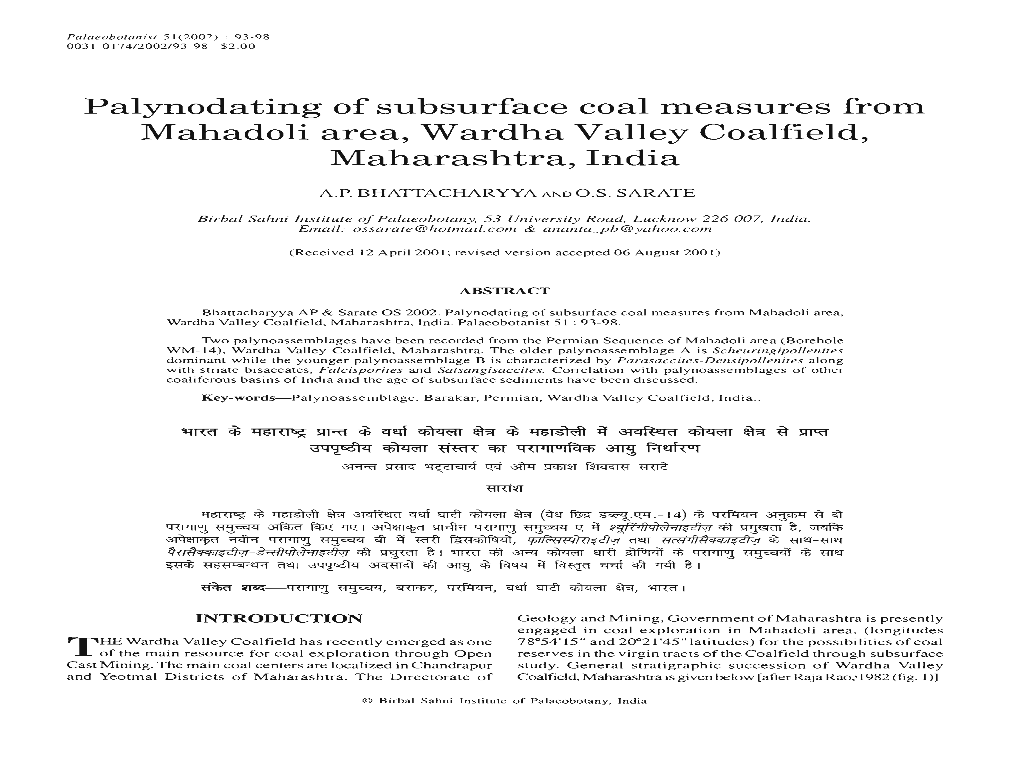 Palynodating of Subsurface Coal Measures from Mahadoli Area, Wardha Valley Coalfield, Maharashtra, India