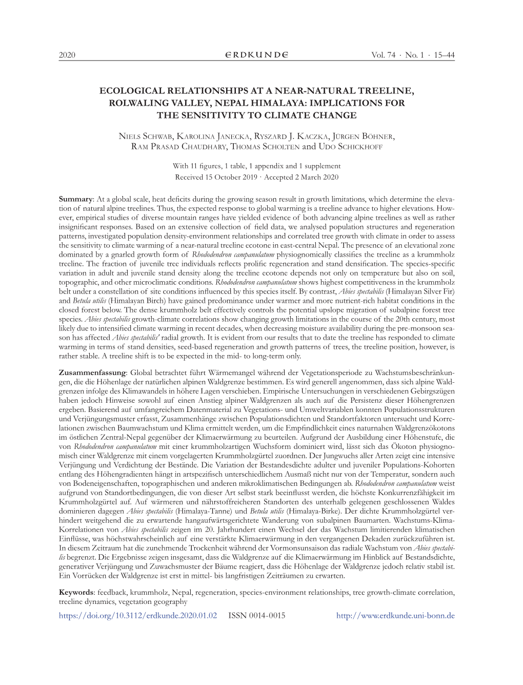 Ecological Relationships at a Near-Natural Treeline, Rolwaling Valley, Nepal Himalaya: Implications for the Sensitivity to Climate Change