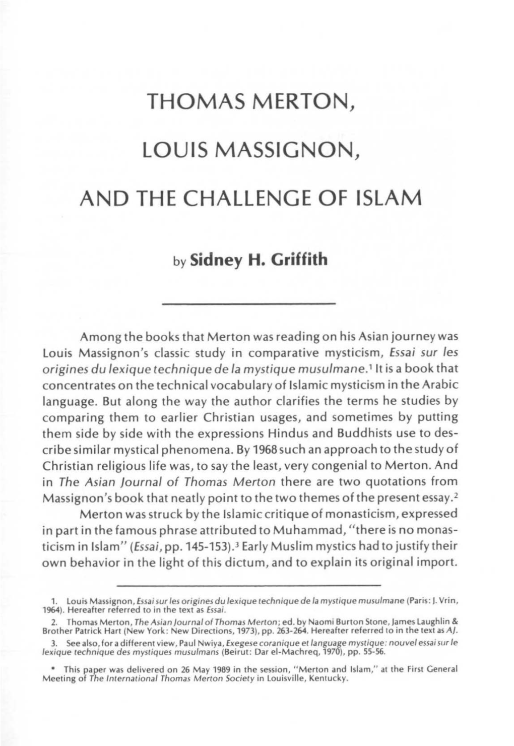 Thomas Merton, Louis Massignon, and The