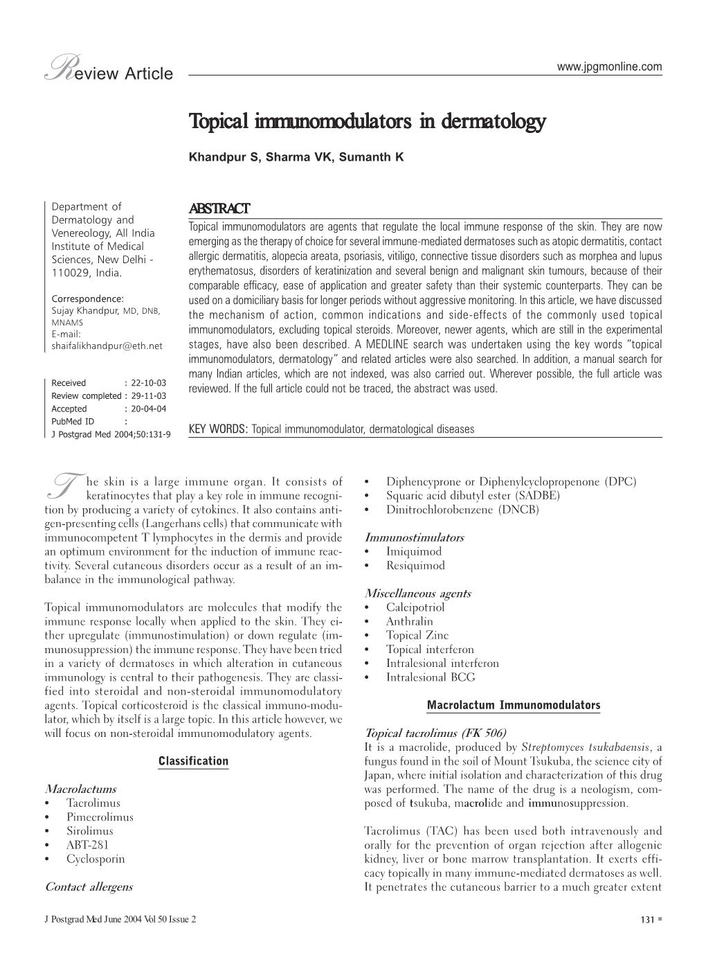 Topical Immunomodulators in Dermatology