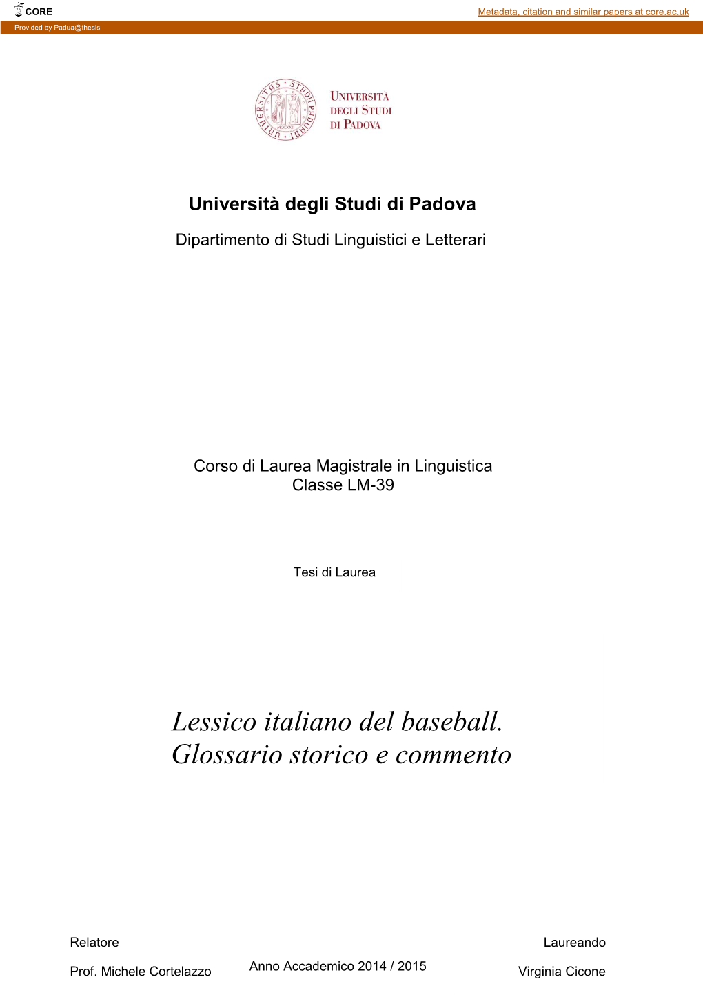 Lessico Italiano Del Baseball. Glossario Storico E Commento
