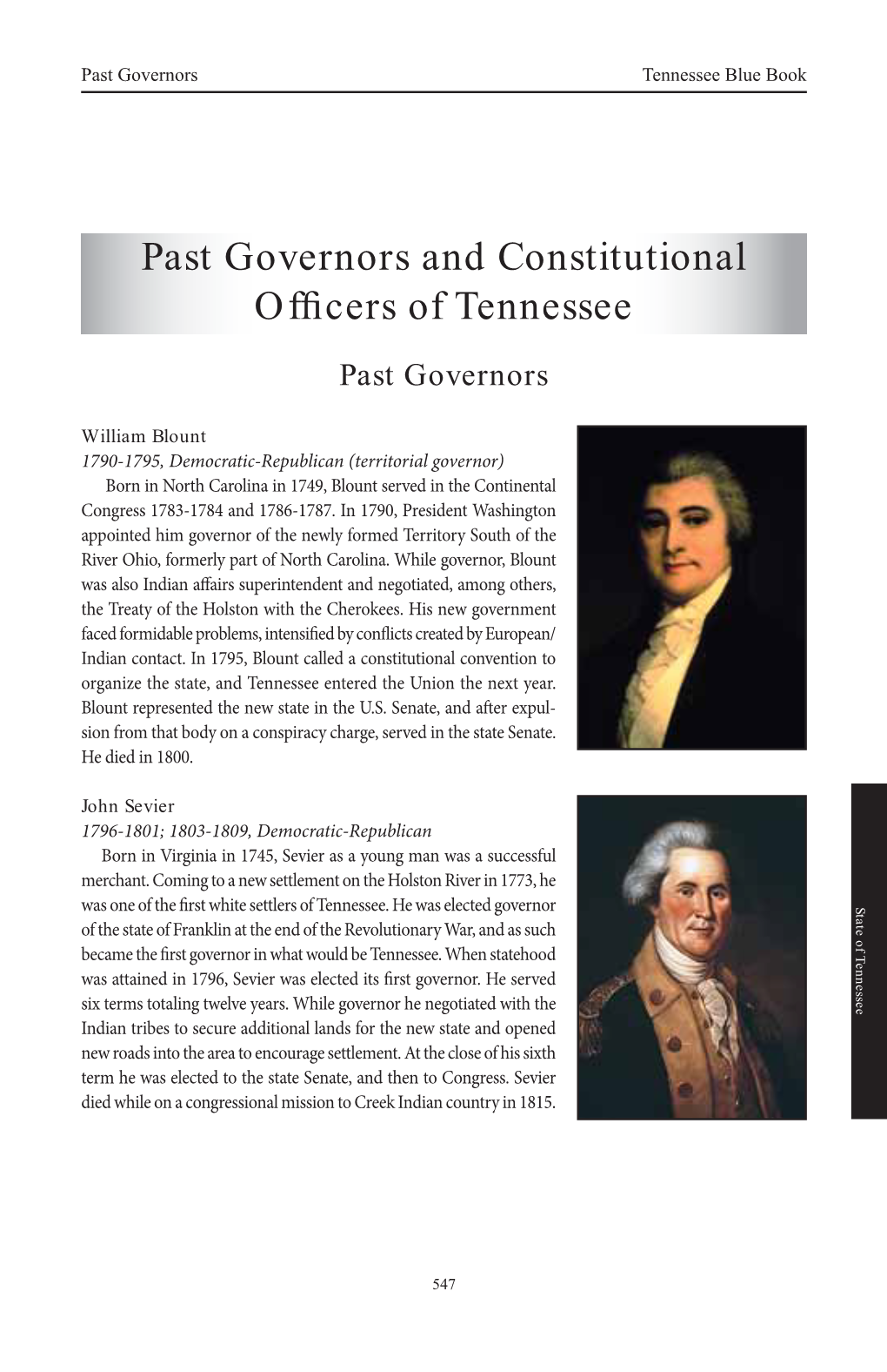 Past Governors and Constitutional Officers of Tennessee