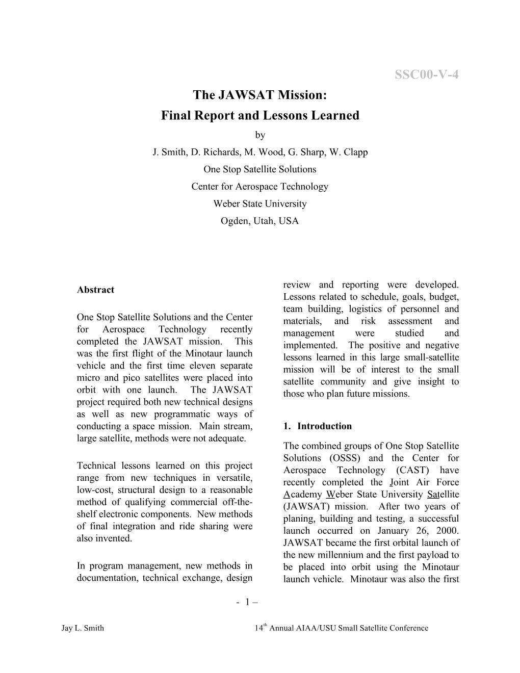 The JAWSAT Mission: Final Report and Lessons Learned by J