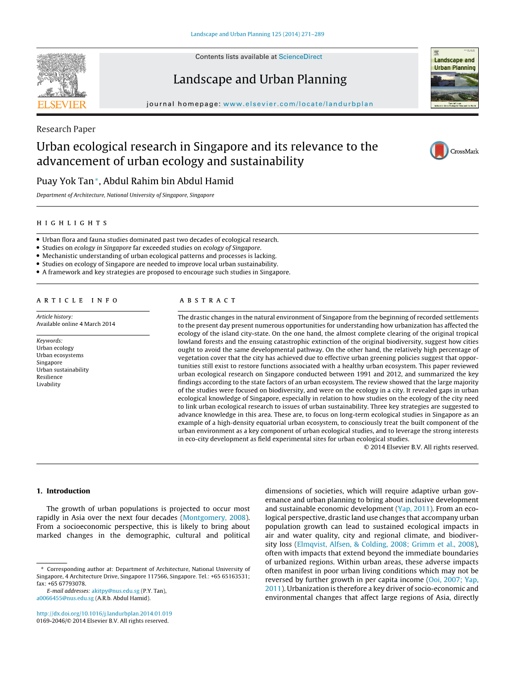 Urban Ecological Research in Singapore and Its Relevance to The