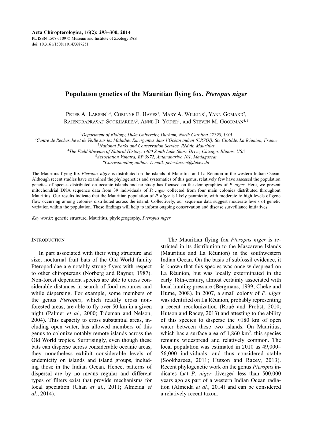 Populations Genetics of the Mauritian Flying Fox, Pteropus