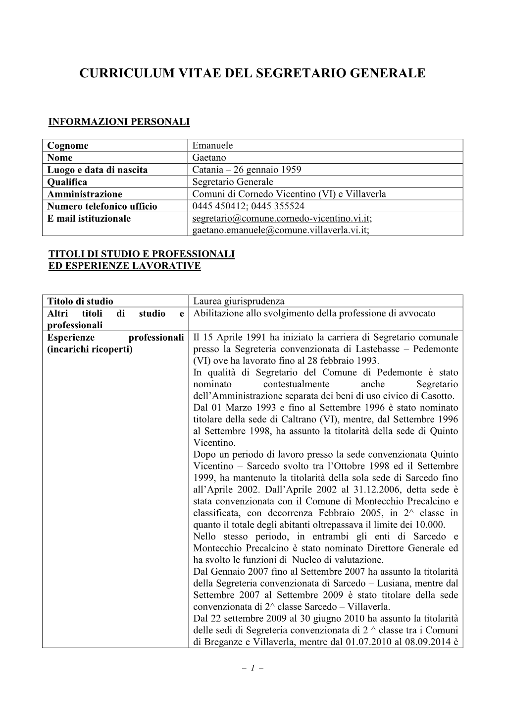 Curriculum Vitae Del Segretario Comunale