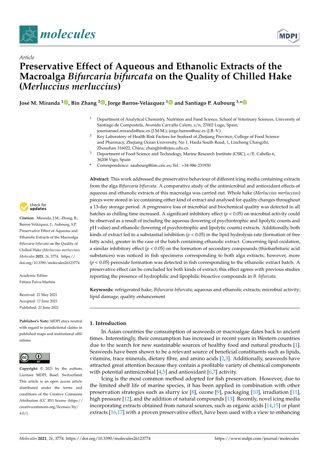 Preservative Effect of Aqueous and Ethanolic Extracts of the Macroalga Bifurcaria Bifurcata on the Quality of Chilled Hake (Merluccius Merluccius)