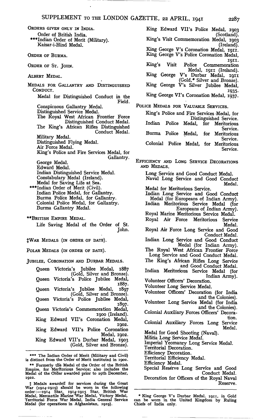 Supplement to the London Gazette, 22 April, 1941 2287 Orders Given Only in India