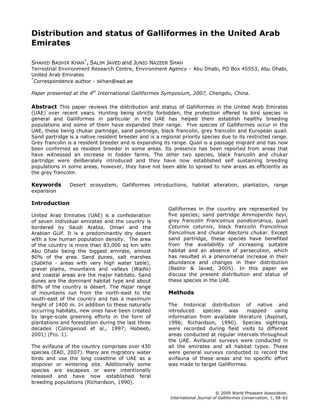 Distribution and Status of Galliformes in the United Arab Emirates