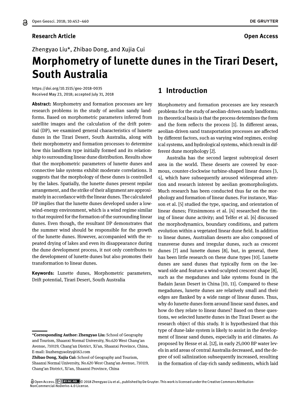 Morphometry of Lunette Dunes in the Tirari Desert, South Australia Received May 23, 2018; Accepted July 31, 2018 1 Introduction