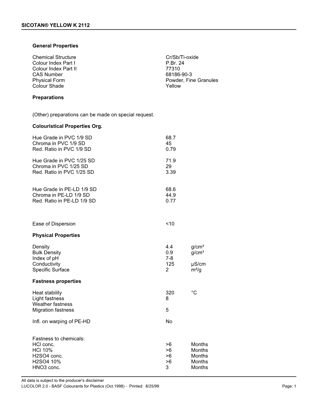 SICOTAN® YELLOW K 2112 General Properties Chemical Structure Cr