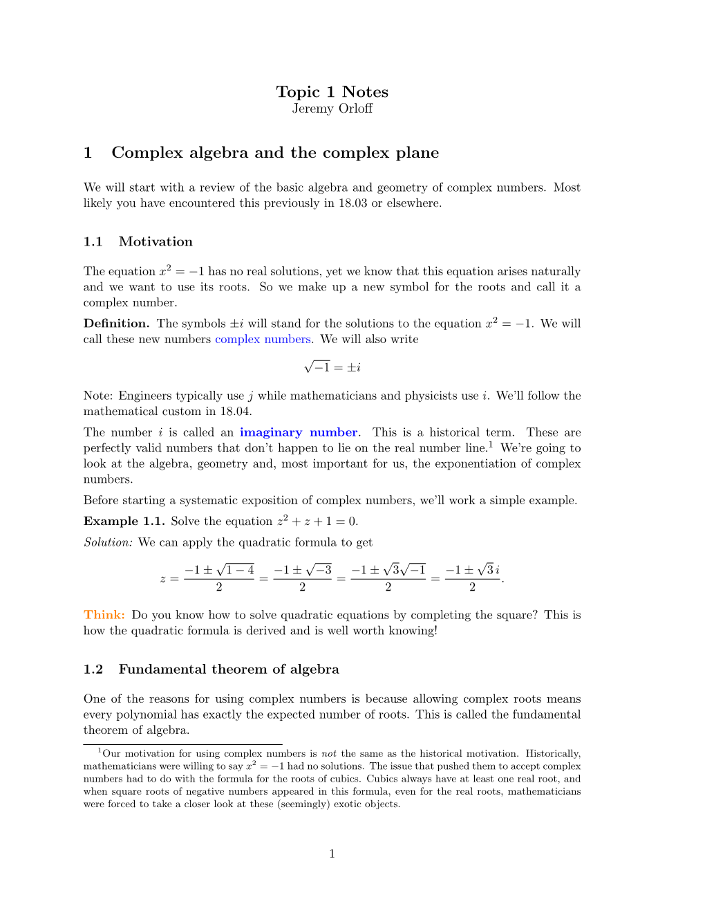 Topic 1 Notes 1 Complex Algebra and the Complex Plane