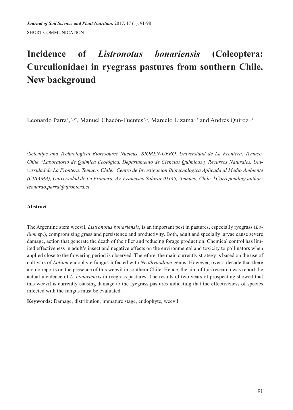 Incidence of Listronotus Bonariensis (Coleoptera: Curculionidae) in Ryegrass Pastures from Southern Chile