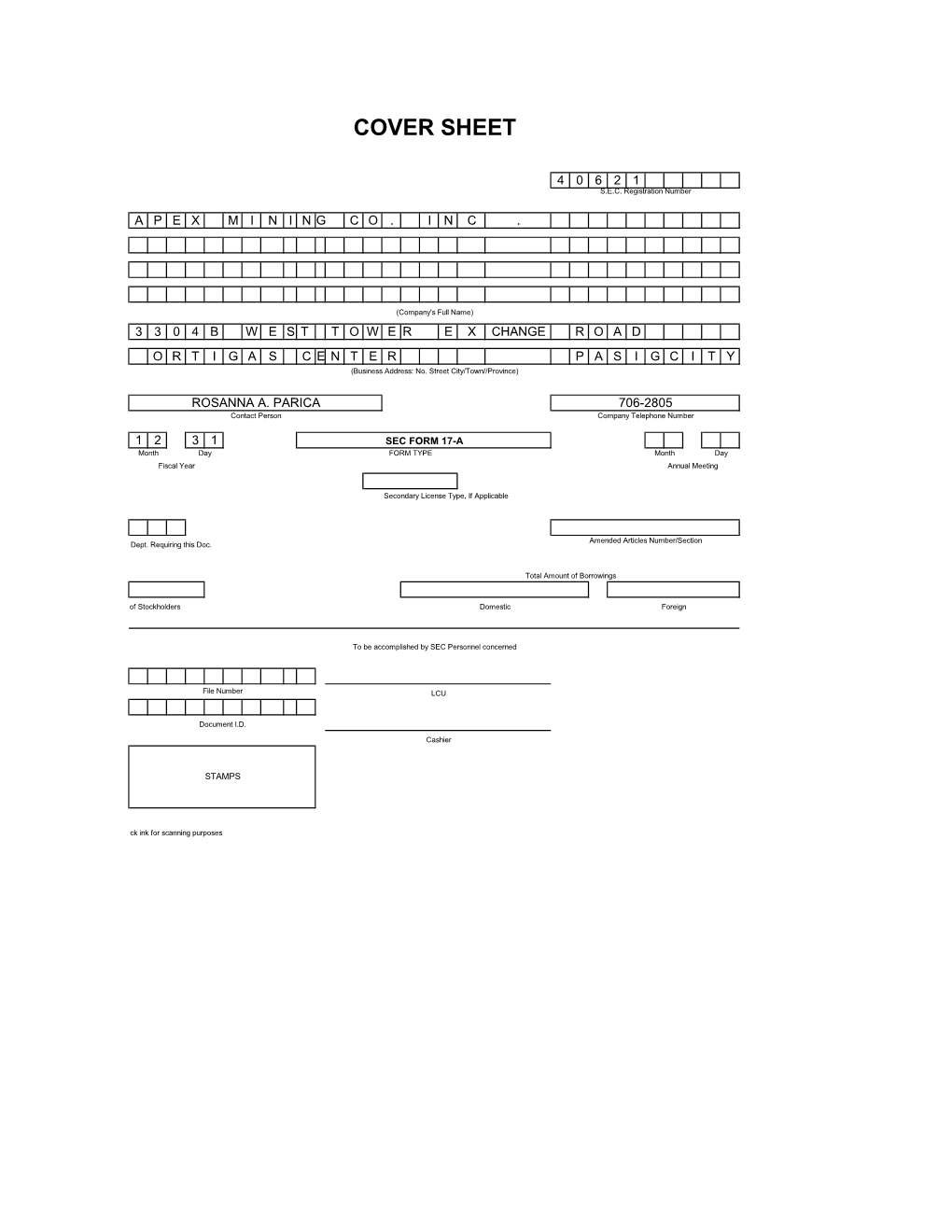 Annual Report Pursuant to Section 17 of the Securities