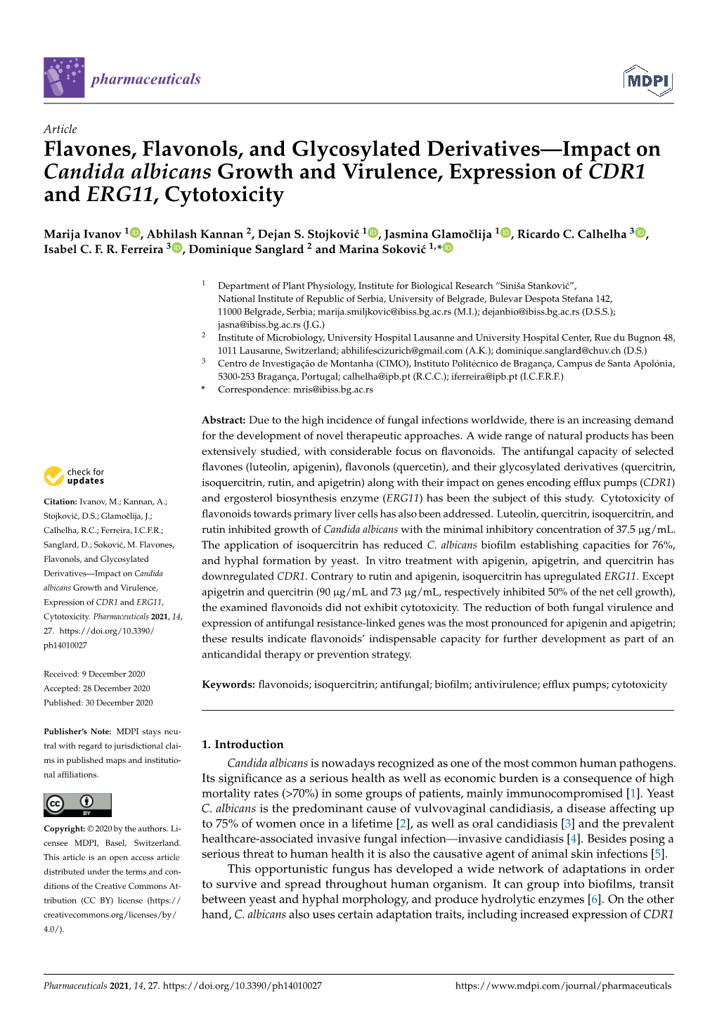 Flavones, Flavonols, and Glycosylated Derivatives—Impact on Candida Albicans Growth and Virulence, Expression of CDR1 and ERG11, Cytotoxicity