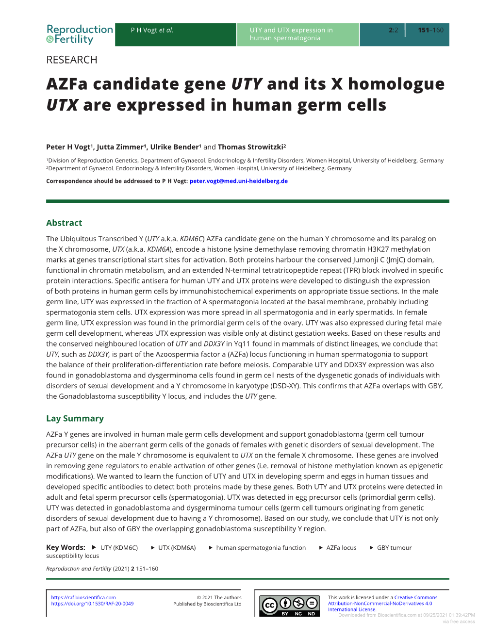 Azfa Candidate Gene UTY and Its X Homologue UTX Are Expressed in Human Germ Cells
