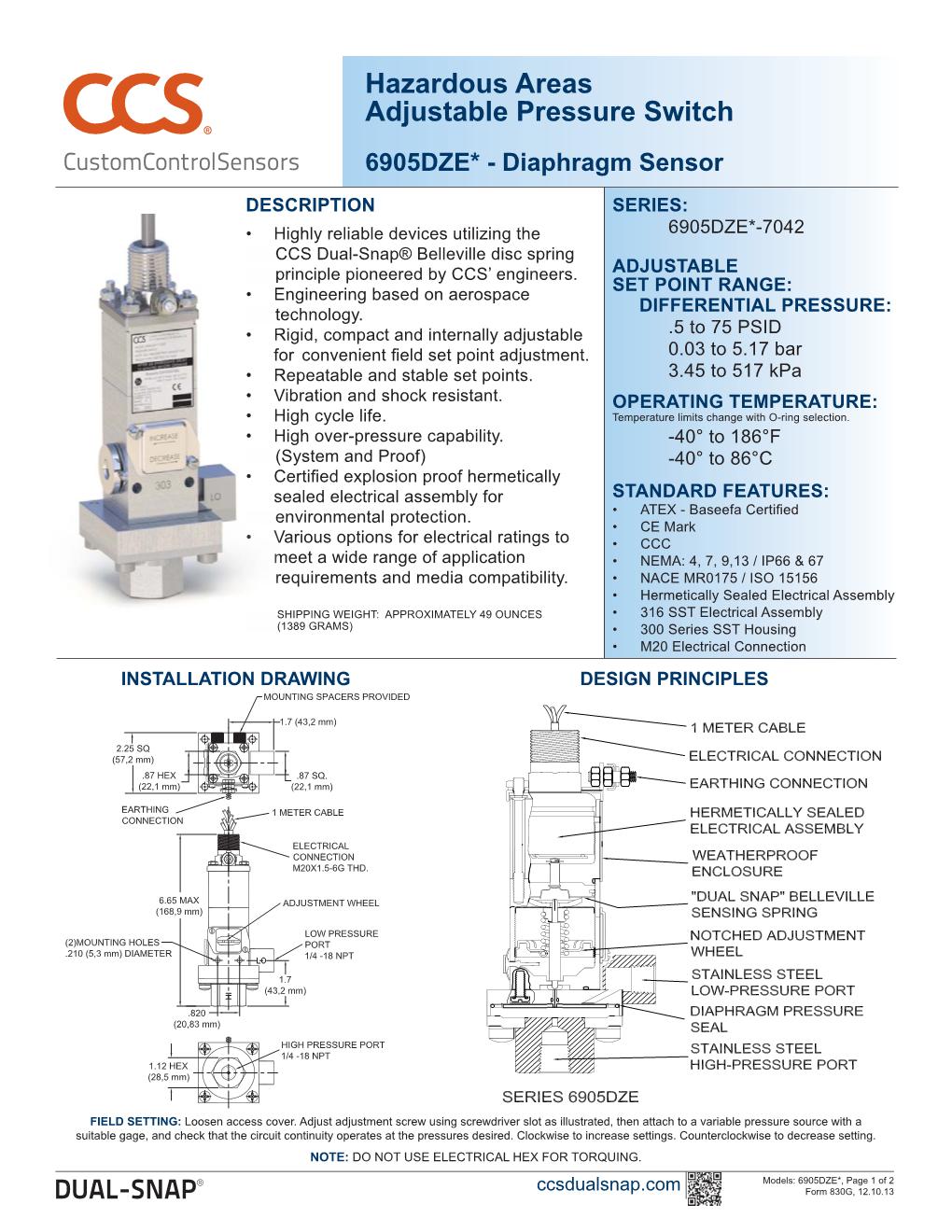 Hazardous Areas Adjustable Pressure Switch 6905DZE* - Diaphragm Sensor