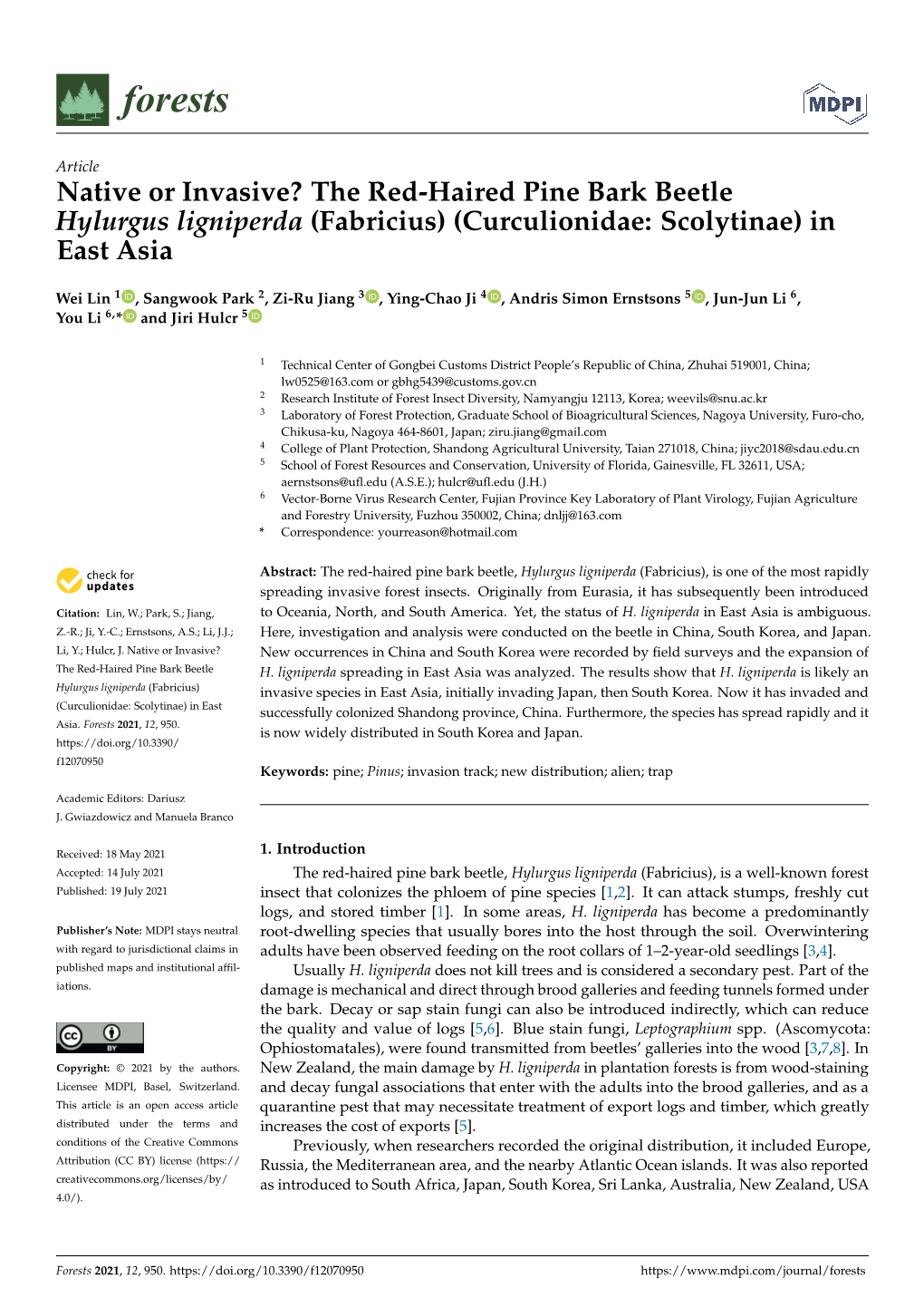 The Red-Haired Pine Bark Beetle Hylurgus Ligniperda (Fabricius) (Curculionidae: Scolytinae) in East Asia