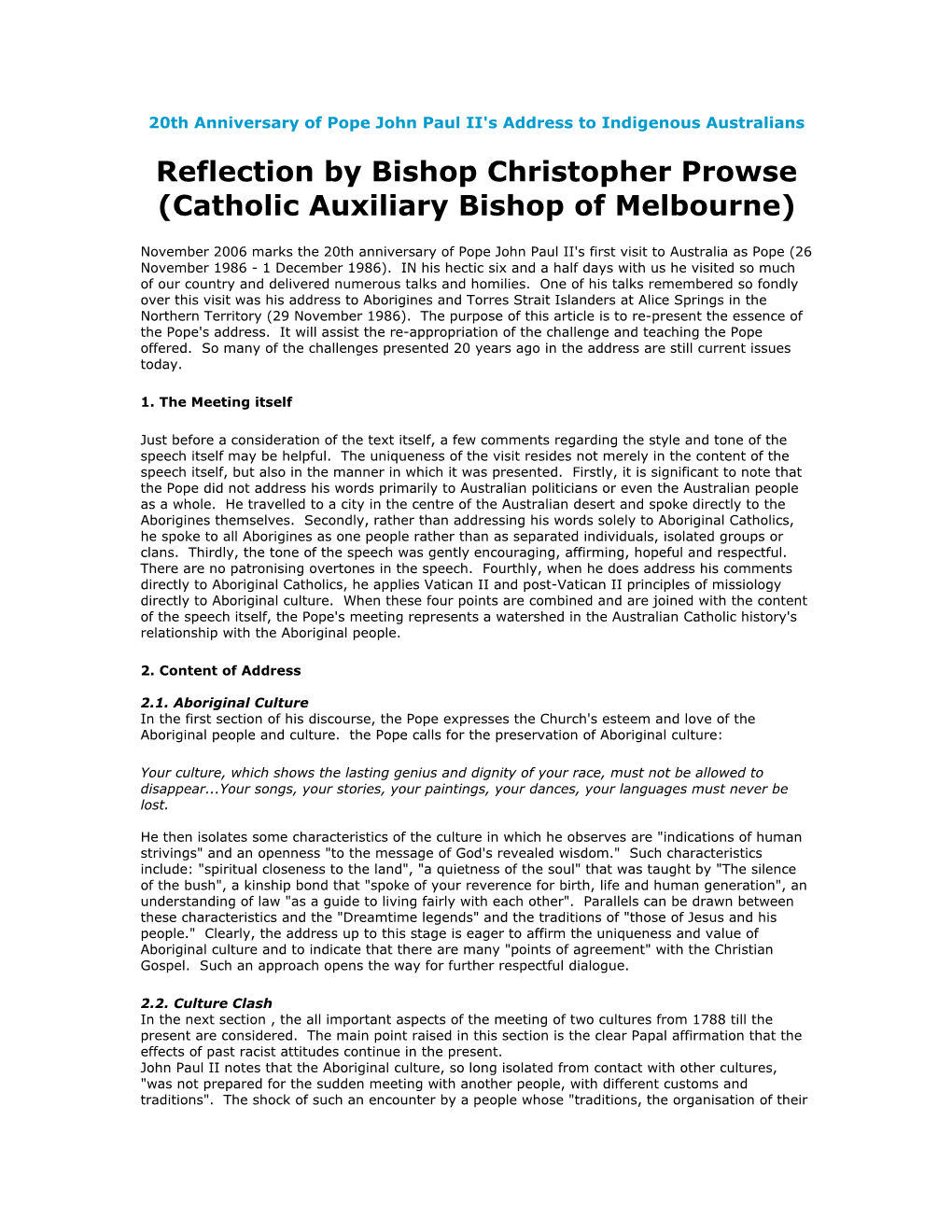 Reflection by Bishop Christopher Prowse (Catholic Auxiliary Bishop of Melbourne)