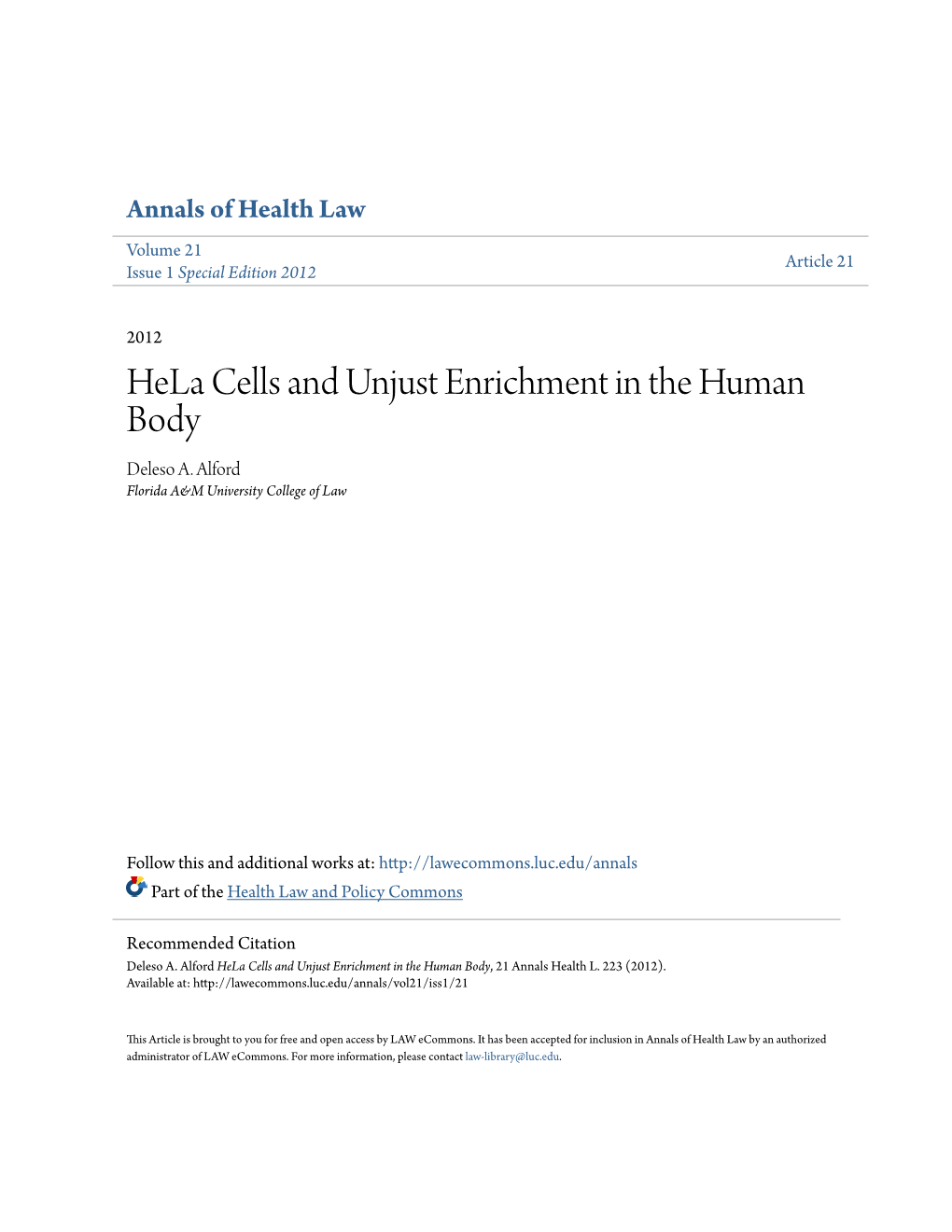 Hela Cells and Unjust Enrichment in the Human Body Deleso A