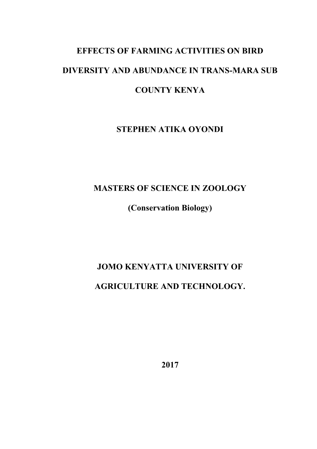 Effects of Farming Activities on Bird Diversity and Abundance in Trans-Mara Sub County Kenya