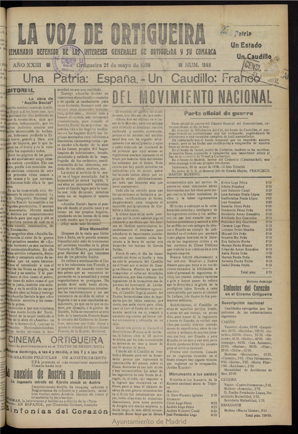 La Voz De Ortigueira Del 21 De Mayo De 1938, Nº 1148