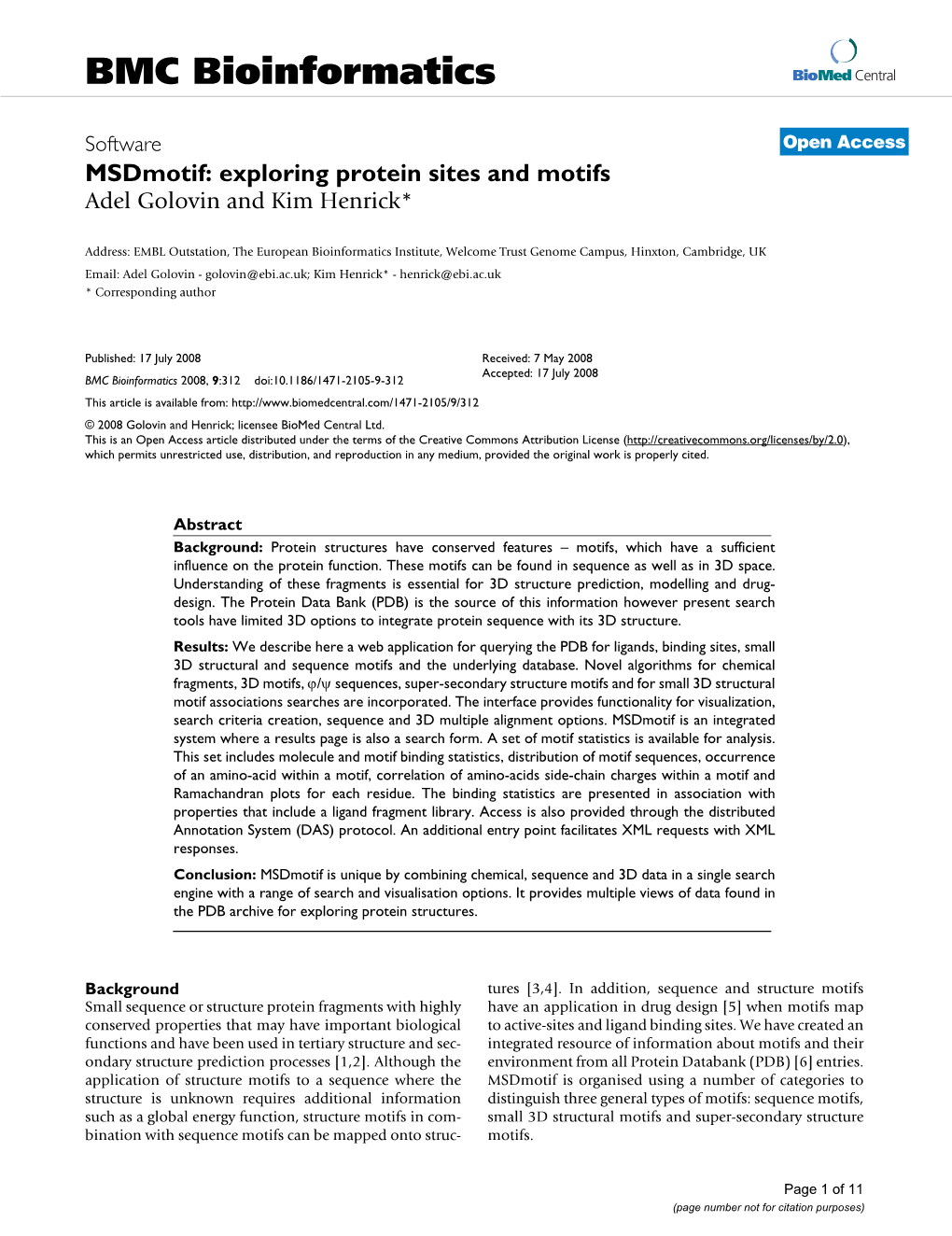 Msdmotif: Exploring Protein Sites and Motifs Adel Golovin and Kim Henrick*