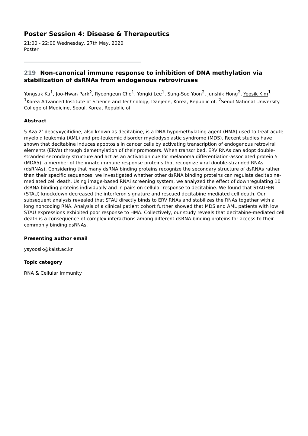 Poster Session 4: Disease & Therapeutics 21:00 - 22:00 Wednesday, 27Th May, 2020 Poster