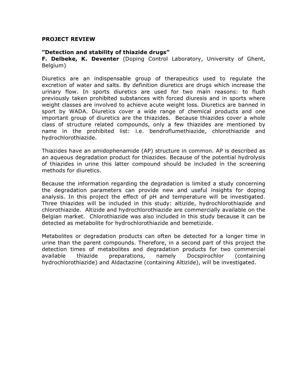 Detection and Stability of Thiazide Drugs” F