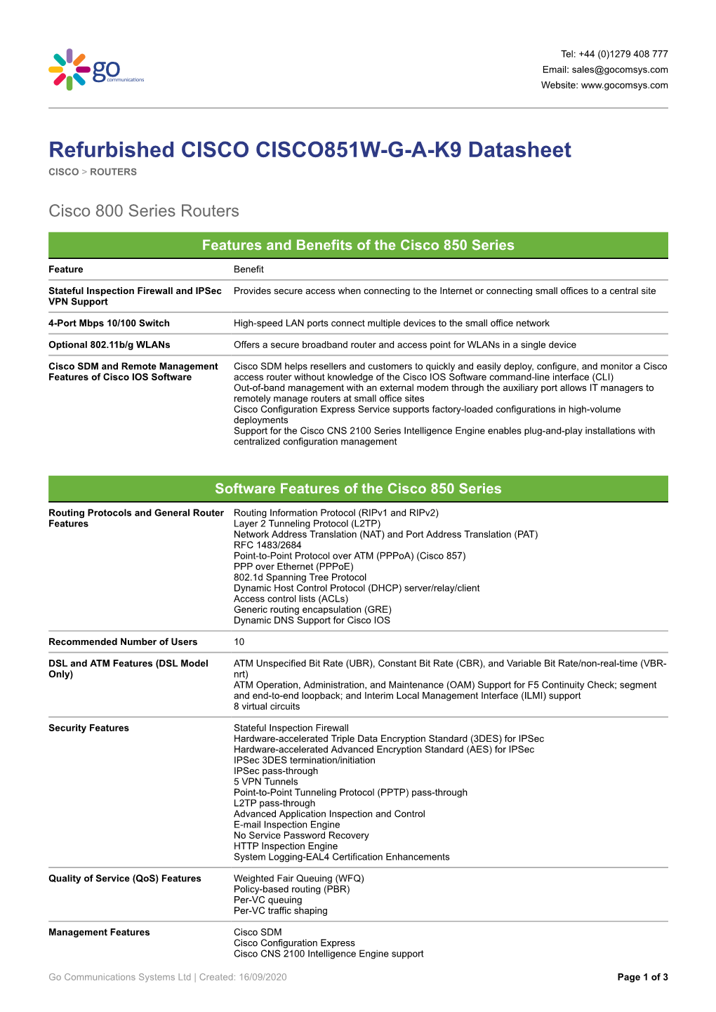 Refurbished CISCO CISCO851W-G-A-K9 Datasheet CISCO > ROUTERS