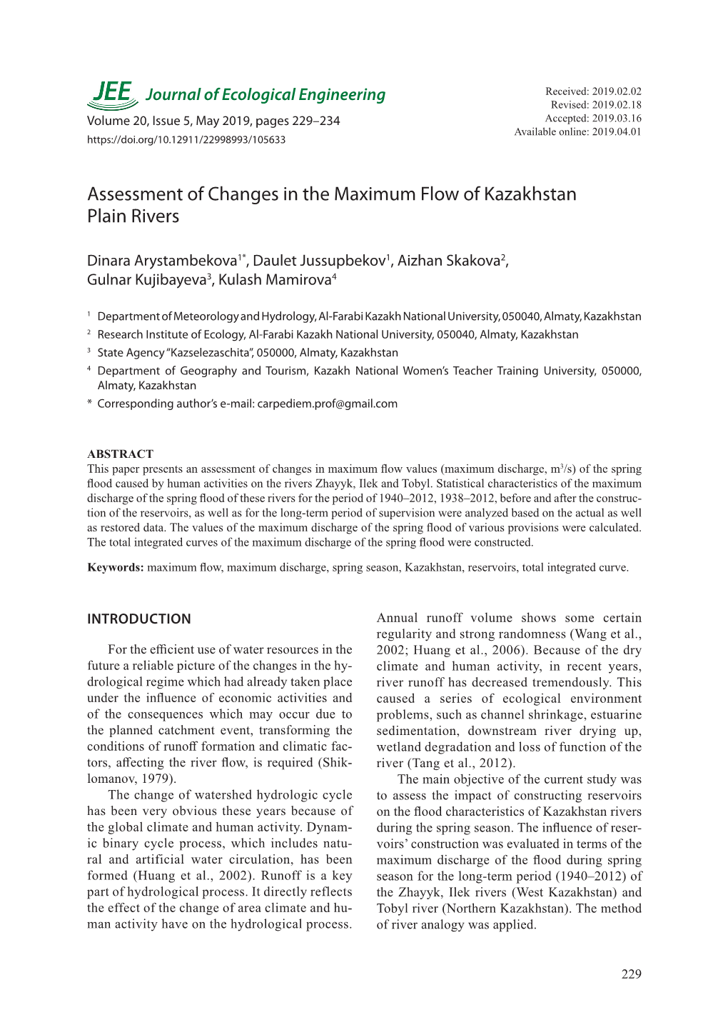 Assessment of Changes in the Maximum Flow of Kazakhstan Plain Rivers