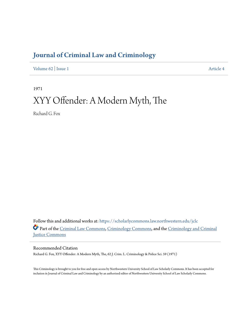 XYY Offender: a Modern Myth, the Richard G