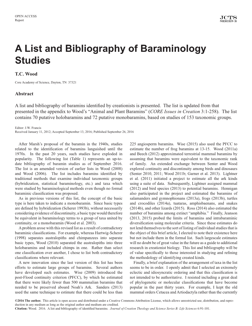A List and Bibliography of Baraminology Studies T.C