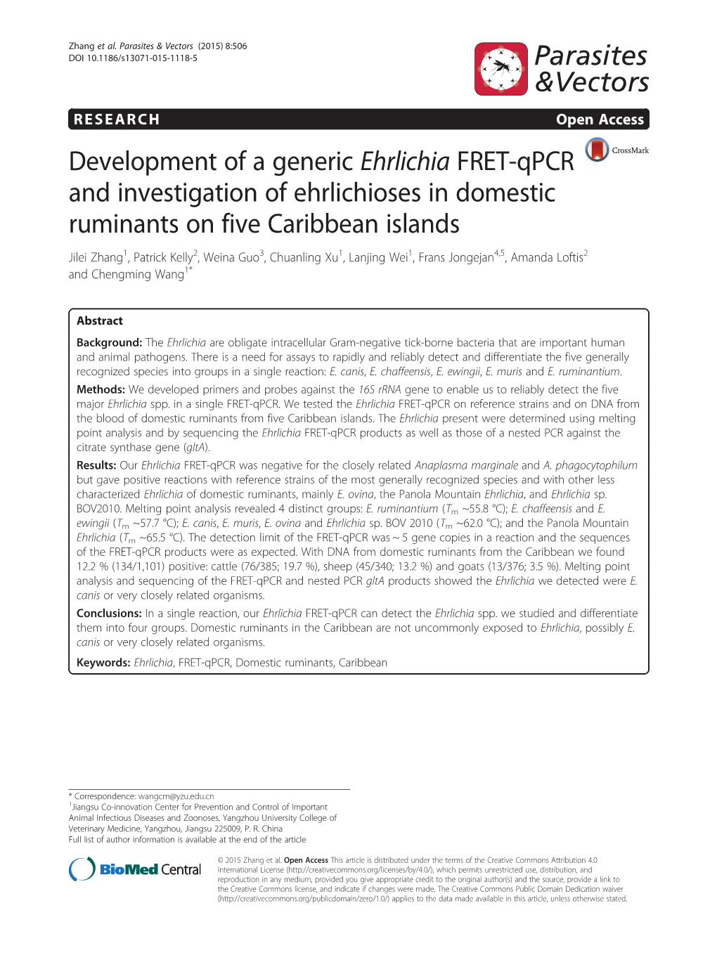 Development of a Generic Ehrlichia FRET-Qpcr and Investigation Of