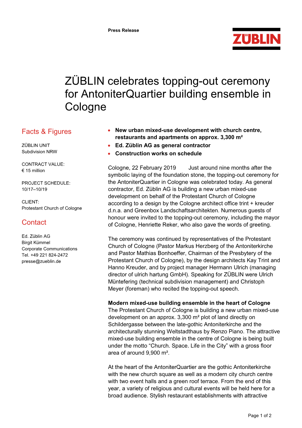 ZÜBLIN Celebrates Topping-Out Ceremony for Antoniterquartier Building Ensemble in Cologne